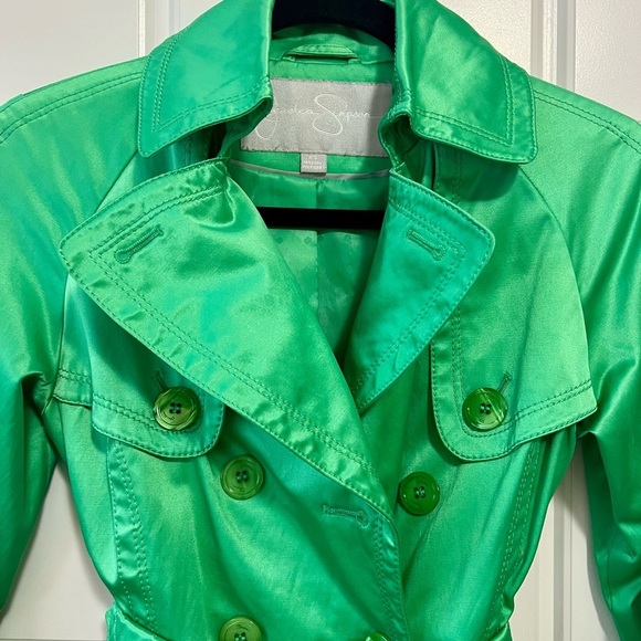 Jessica Simpson Green Double Breasted Trench Coat Belted Unique Piece XS - Picture 5 of 16